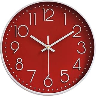 Relógios de parede operados por bateria, relógio vermelho sem tique-taque, relógio de parede de cozinha de 30,5 cm, movimento silencioso, relógio decorativo grande, numérico árabe para
