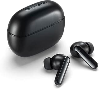 Motorola Moto Buds 125, fone de ouvido Bluetooth preto, com estojo de carregamento e fones de ouvido.