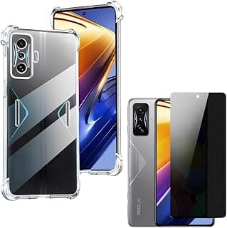 Capa transparente anti-impacto para Poco F4 GT, design em preto e cinza, três ângulos diferentes.