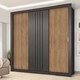Guarda roupa casal 3 portas Doha Carraro ripado preto touch com freijó em ambiente moderno