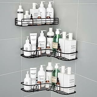 Kit 3 suportes prateleira banheiro preto organizador canto sabonete shampoo