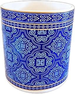 Cachepô azul e branco com design geométrico de azulejo português