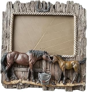 Porta-retrato de resina com estátuas de cavalos marrom e dourado, moldura de madeira simulada, estilo ocidental.