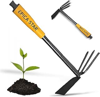 Ferramenta de Jardim 2 em 1, Mini Enxada e Ancinho para Vasos, Cabo Curto 34cm, Ideal para Capinar e Preparar Solo em Hortas e Canteiros Pequenos