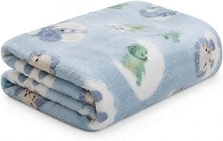 Manta de microfibra para bebê com estampa de dinossauros e nuvens, azul com detalhes em verde e branco.