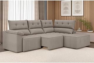 Sofá de canto retrátil e reclinável de 5 lugares em suede cinza com chaise de 190cm