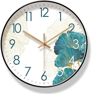 Relógio de parede de quartzo com design nórdico, flores azuis e brancas, moldura preta, silencioso, para casa, escritório, escola, sala de estar, quarto, cozinha.