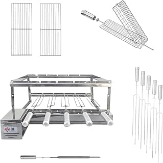 Kit Churrasqueira Gira Grill Inox com 5 espetos, motor na frente e 2 grelhas auxiliares