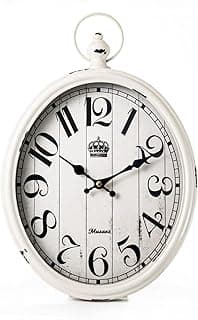 Relógio de parede oval branco com números pretos e design retrô.