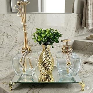 Combo de banheiro de luxo com bandeja espelhada, saboneteira, aromatizador e vareta decorativa