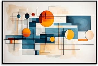 Quadro abstrato geométrico para sala com moldura 60x90cm, cores azul, laranja e branco