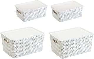 Kit 4 caixas organizadoras Rattan com tampas transparentes, 2 de 15L e 2 de 6,5L, cor branca