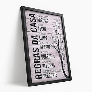 Quadro decorativo com frases divertidas, moldura preta, fundo cinza claro.