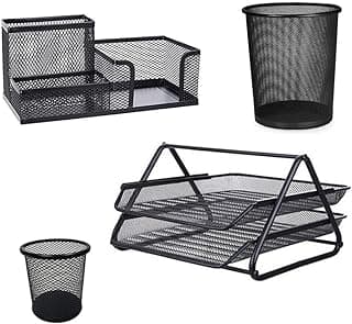 Kit de organizador de mesa preto com bandeja, lixeira, porta-lápis e suporte para documentos