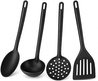 Kit 4 peças utensílios cozinha nylon preto colher escumadeira concha espátula