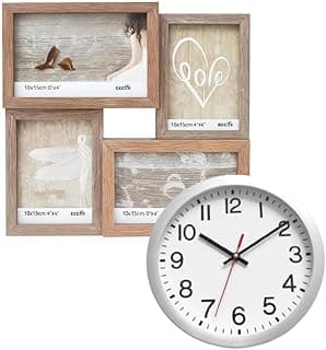Kit Porta-Retrato para 4 Fotos + Relógio de Parede Analógico Quartz Silencioso 30 cm Borda Prata