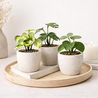 Kit de 3 vasos decorativos brancos com plantas artificiais para decoração de mesa, sala, banheiro, escritório e presente.