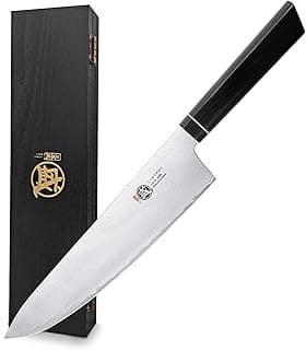 Faca de chef Gyuto 20 cm Mitsumoto Sakari com lâmina VG-10 e cabo G10 ao lado de caixa de sândalo