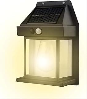 Luminária solar externa preta com sensor de presença e design vintage, ideal para muros, jardins e varandas.