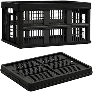 Caixas organizadoras dobráveis Helsim 45L pretas, empilhadas e abertas, fundo branco