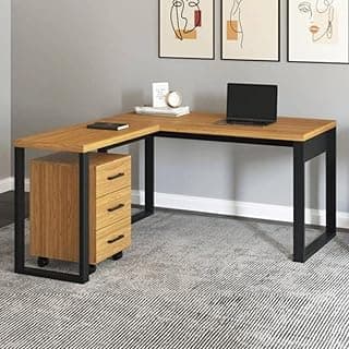 Conjunto Home Office 2 Peças 1 Escrivaninha em L e 1 Gaveteiro 3 Gavetas com Rodízios Dalla Costa Freijó/preto