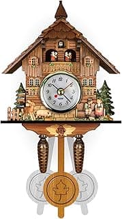 Relógio de parede nórdico estilo casa de madeira com mostrador circular e figuras em movimento