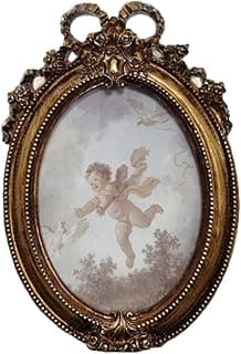 Porta-retratos oval vintage com moldura dourada e imagem de anjo voador