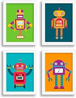 Quadros decorativos com ilustrações coloridas de robôs para quarto infantil, moldura branca, fundo em cores vibrantes.