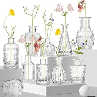 10 vasos decorativos de vidro transparente com flores artificiais