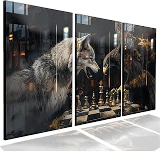 Kit 3 Quadros Decorativos com Lobo, Águia e Xadrez - Ideal para Sala e Quarto