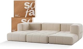 Sofá modular de três lugares em boucle linho com seis módulos e caixas de armazenamento