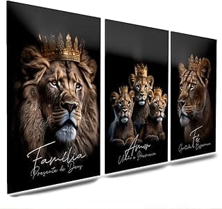 Kit 3 quadros decorativos com leão coroado e leões juvenis, fundo preto, texto motivacional