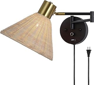 Arandela de parede de vime plugável com USB e interruptor de luz