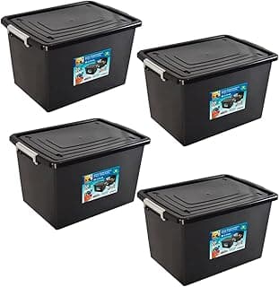 Kit de 4 caixas organizadoras pretas com tampa e trava de 56 litros, ideal para armazenamento.