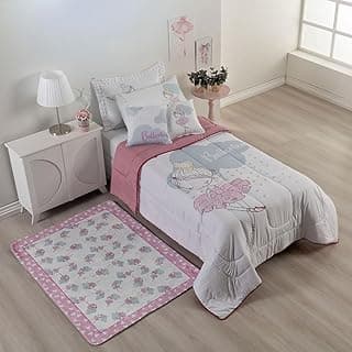 Edredom infantil estampado com bailarina, kit 5 peças, branco e rosa, decoração para quarto de criança.