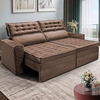 Sofá cama de quatro lugares com encosto reclinável em suede velusoft, cor marrom.