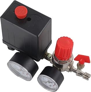 Chave de pressão de compressor de ar com medidores e alavanca vermelha, fundo branco