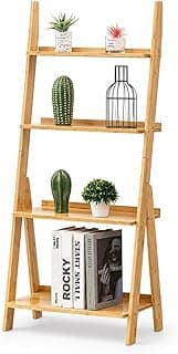 Estante de bambu inclinada de 4 andares, cor marrom, com prateleiras para decoração.