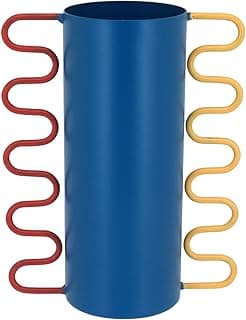 Vaso decorativo azul metálico com alças vermelhas e amarelas espiraladas, 20x12x12 cm