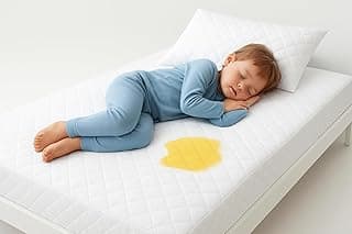 Protetor de colchão impermeável branco matelado em uma cama com uma mancha de líquido amarela visível.