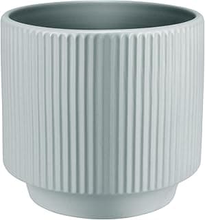Cachepô decorativo cinza com design de linhas verticais, frontal, fundo branco, sem texto ou marca.