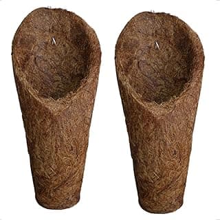Vaso de fibra de coco em forma de cone para pendurar, cor marrom natural.