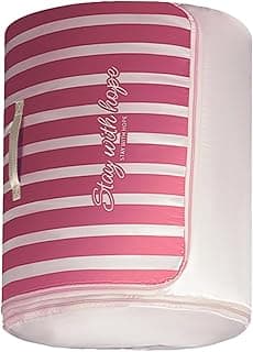 Saco de edredom com estampa de listras rosa e branco, texto 'Stay with hope', design cilíndrico