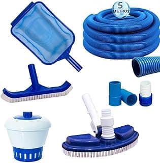 Kit de limpeza para piscina com aspirador, rede, mangueira, escova, cloro flutuante e adaptadores.