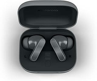 Estojo de carregamento aberto do fone de ouvido sem fio Motorola Moto Buds Bass, preto com detalhes em cinza