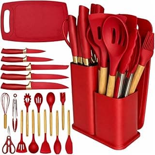 Kit 19 peças utensílios cozinha silicone vermelho com facas cabo madeira tratado