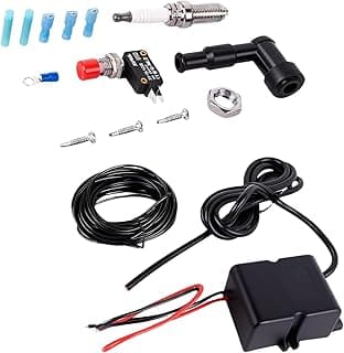 Kit lança-chamas com botão de ignição, módulo de controle, chicotes elétricos e acessórios sobre fundo branco