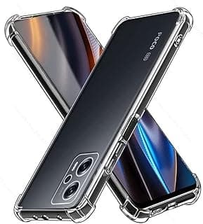 Capa transparente anti-impacto para Poco X4 GT com bordas em TPU, mostrando smartphone dentro, design fino, câmera traseira tripla.