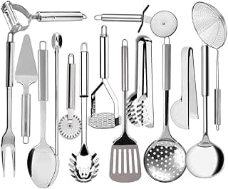 Kit de utensílios de cozinha em aço inoxidável com 15 peças, incluindo espátulas, escumadeiras e pegadores, em fundo branco.