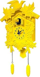 Relógio cuco WALPLUS amarelo com pássaros e folhas em relevo, mostrador com números romanos, correntes amarelas e cones decorativos